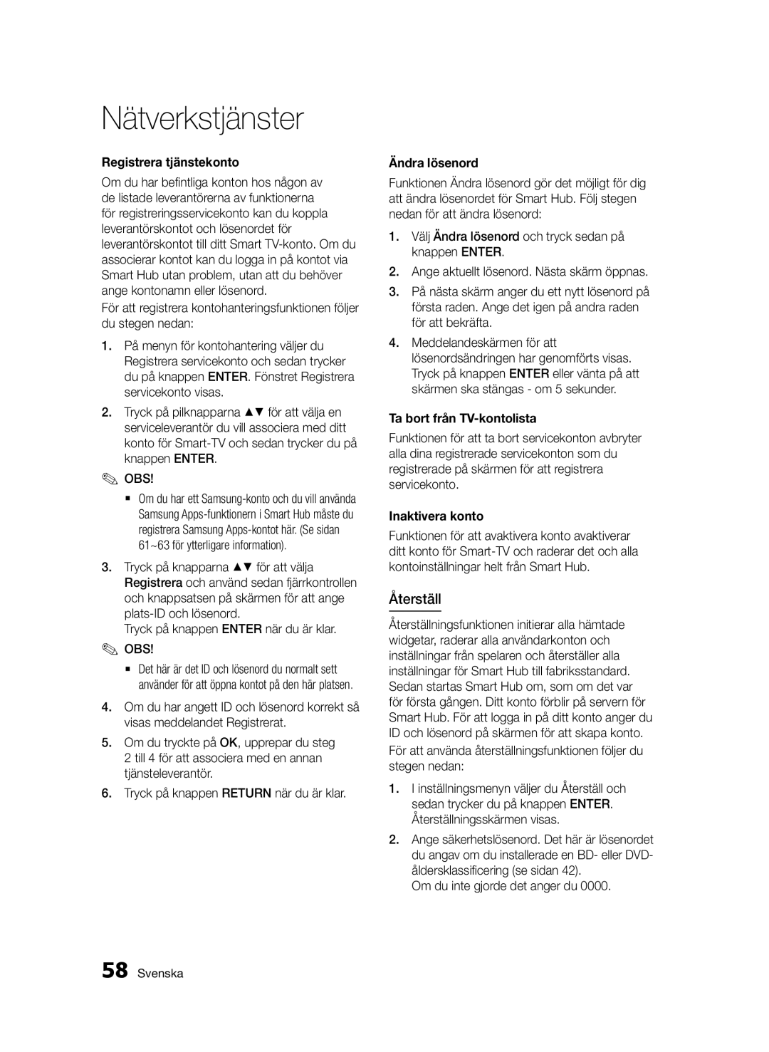 Samsung BD-D5500/XE manual Återställ, Registrera tjänstekonto, Ändra lösenord, Ta bort från TV-kontolista, Inaktivera konto 