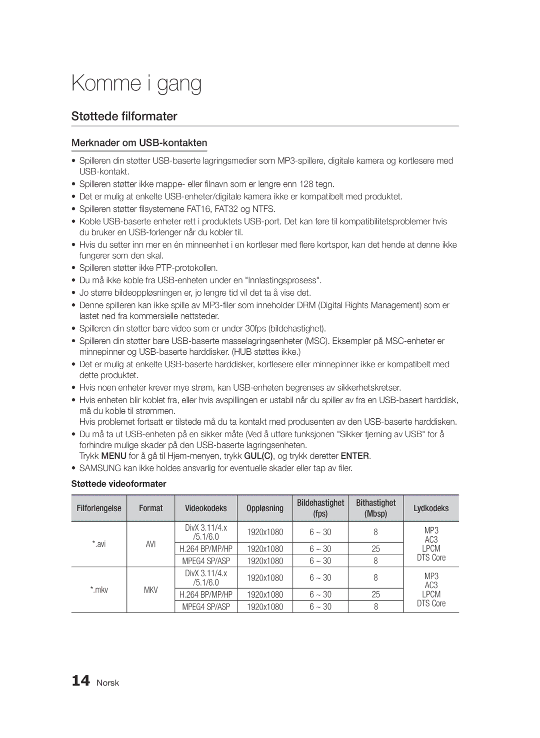 Samsung BD-D5500/XE manual Støttede filformater, Merknader om USB-kontakten, Støttede videoformater 