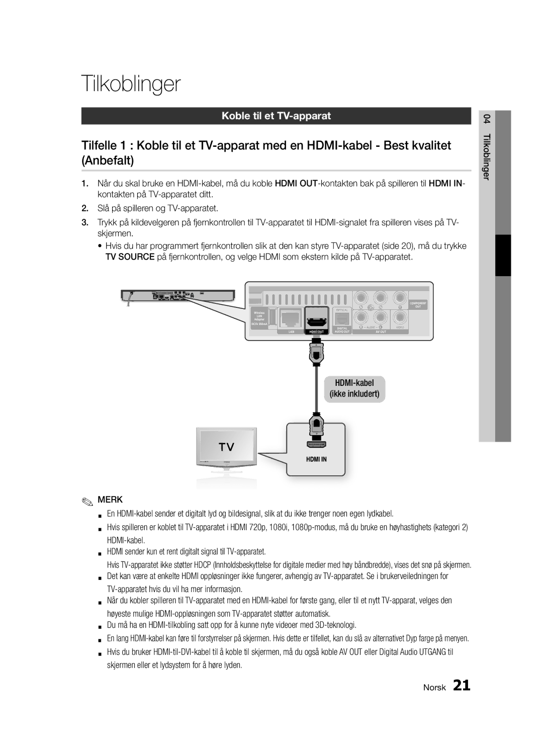 Samsung BD-D5500/XE manual Tilkoblinger, Koble til et TV-apparat, HDMI-kabel Ikke inkludert 