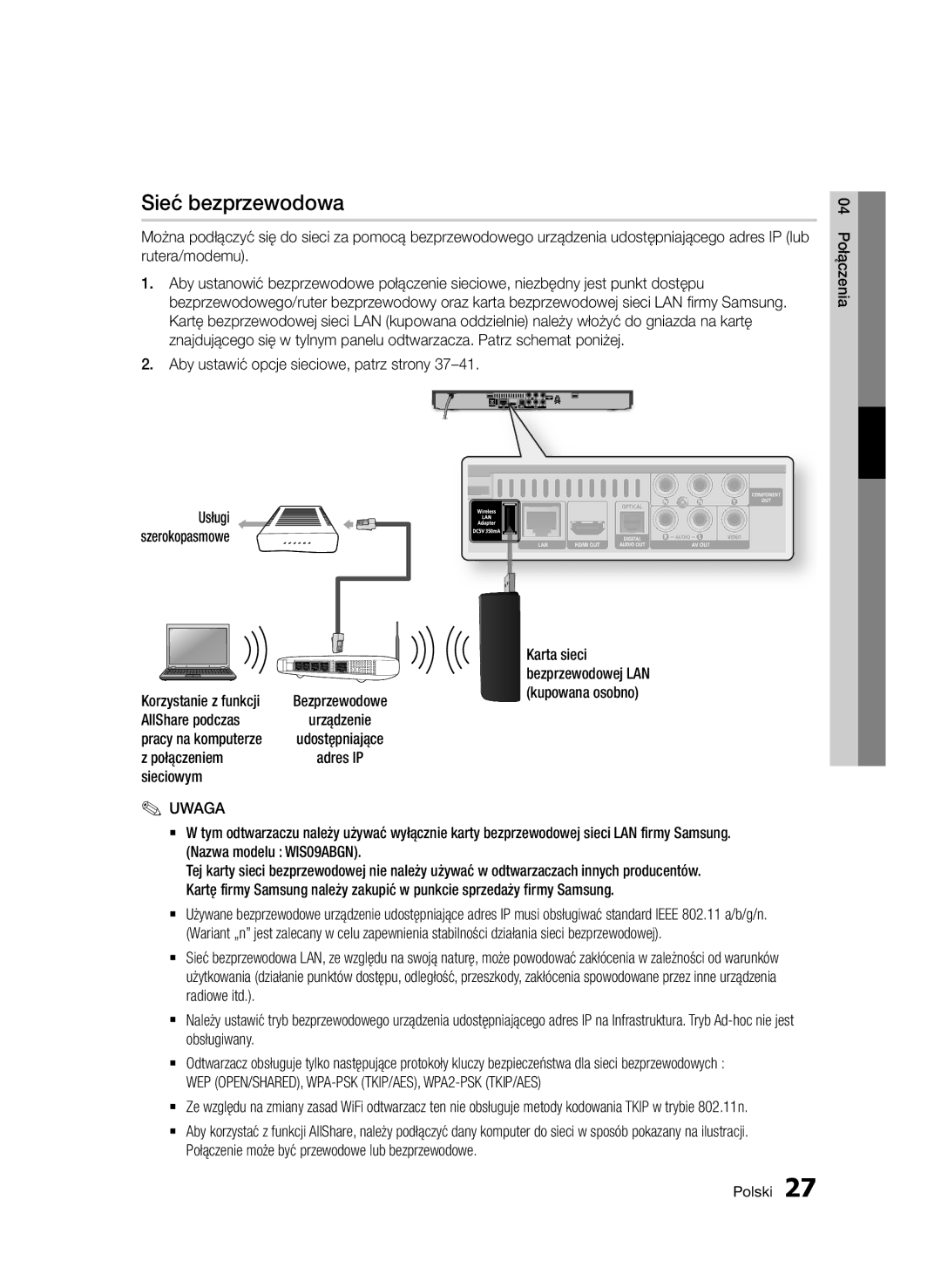 Samsung BD-D5500/ZA, BD-D5500/XN, BD-D5500/EN, BD-D5500/ZF, BD-D5500/XE manual Sieć bezprzewodowa 