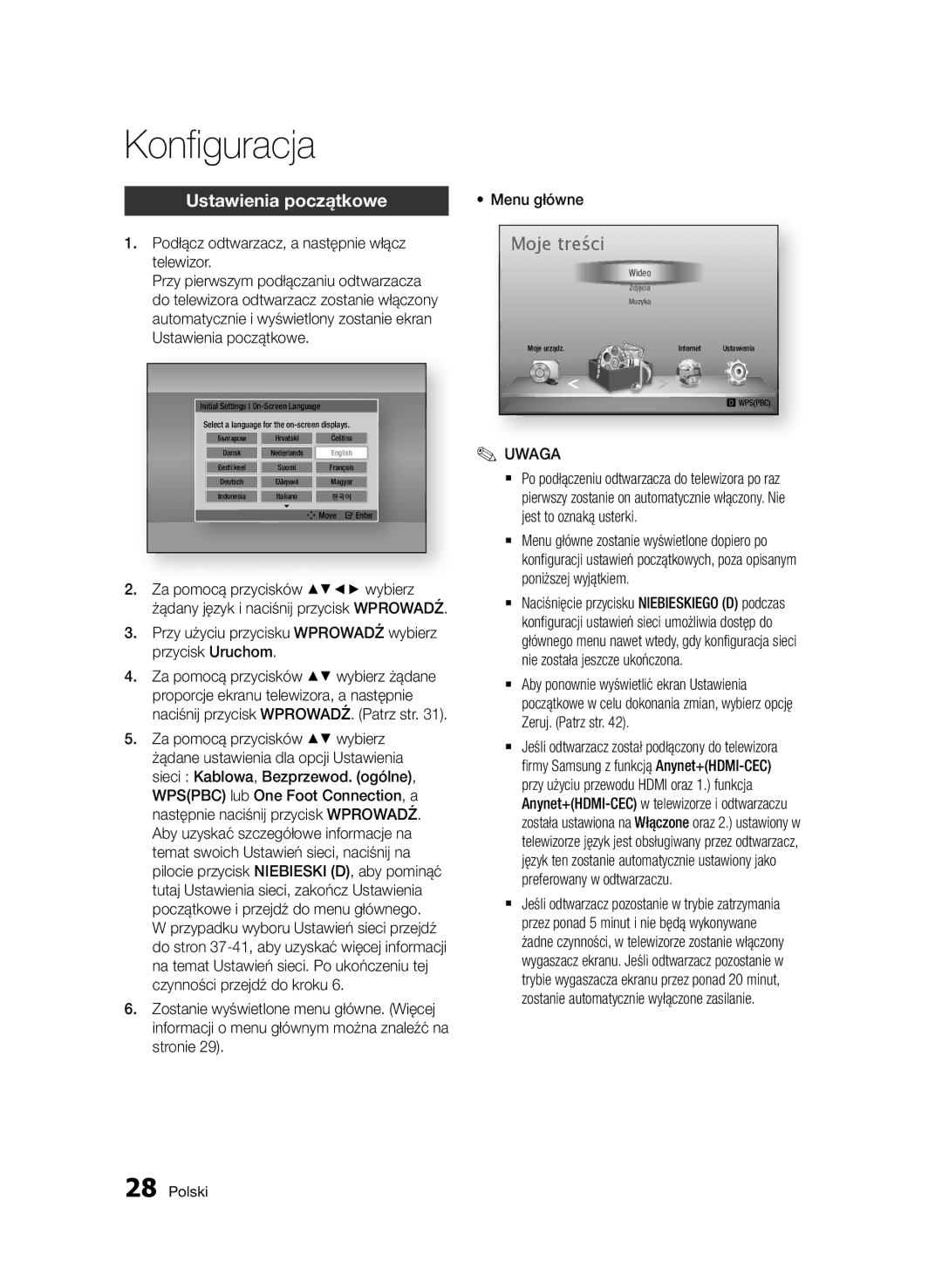 Samsung BD-D5500/XN, BD-D5500/ZA, BD-D5500/EN, BD-D5500/ZF, BD-D5500/XE manual Konfiguracja, Ustawienia początkowe 