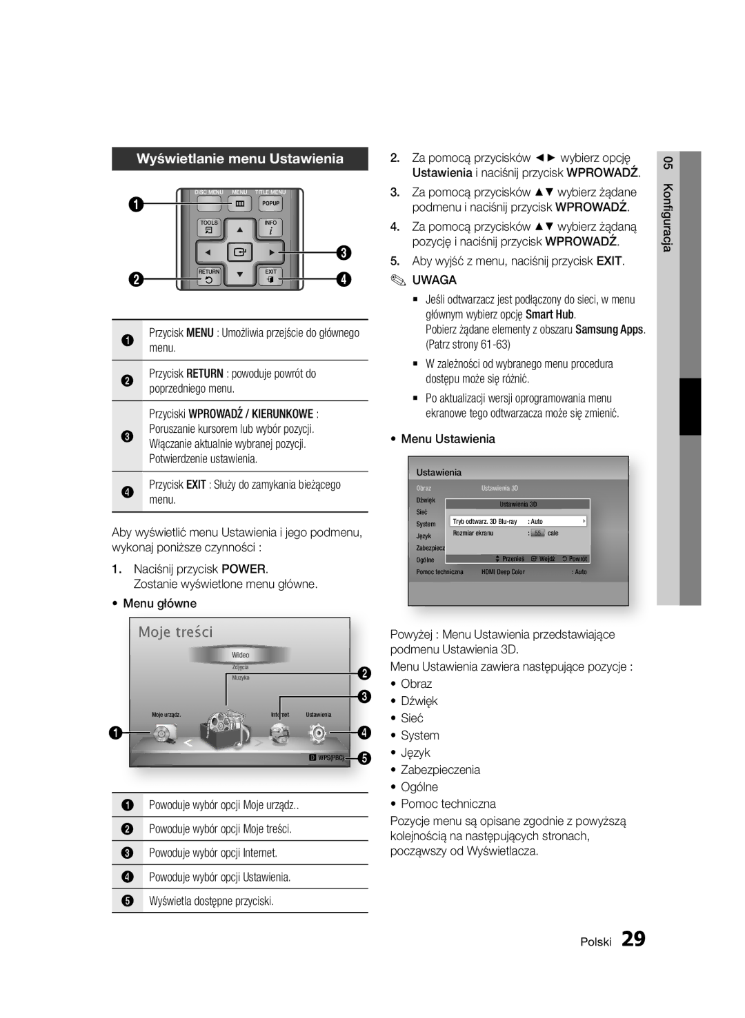 Samsung BD-D5500/EN manual Wyświetlanie menu Ustawienia, Potwierdzenie ustawienia, Aby wyjść z menu, naciśnij przycisk Exit 