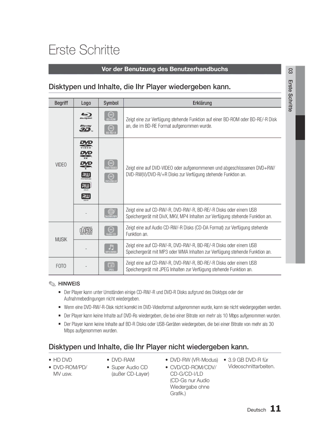 Samsung BD-D5500/XN, BD-D5500/ZA, BD-D5500/EN manual Erste Schritte, Disktypen und Inhalte, die Ihr Player wiedergeben kann 