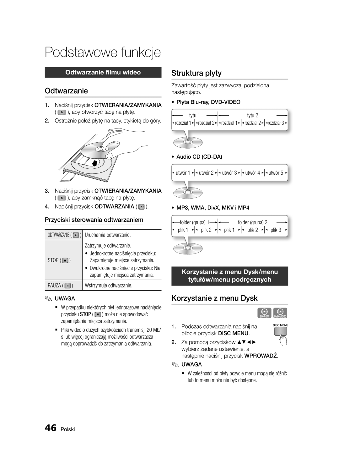 Samsung BD-D5500/XE, BD-D5500/ZA, BD-D5500/XN manual Struktura płyty, Korzystanie z menu Dysk, Odtwarzanie filmu wideo 