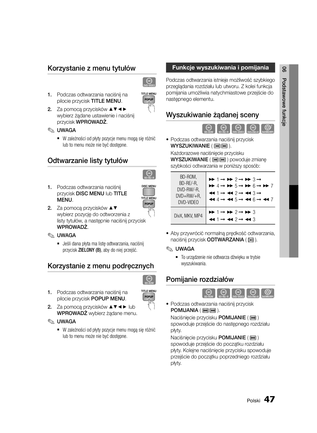 Samsung BD-D5500/ZA, BD-D5500/XN manual Korzystanie z menu tytułów, Wyszukiwanie żądanej sceny, Odtwarzanie listy tytułów 