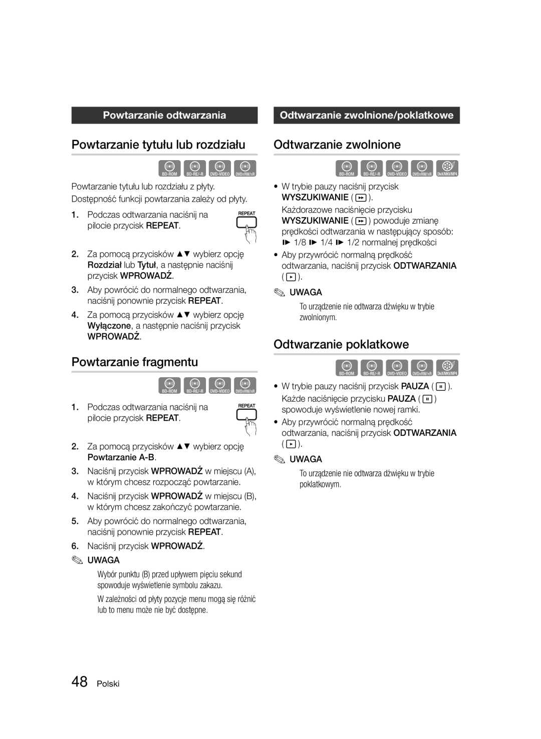 Samsung BD-D5500/XN Powtarzanie tytułu lub rozdziału, Powtarzanie fragmentu, Odtwarzanie zwolnione, Odtwarzanie poklatkowe 