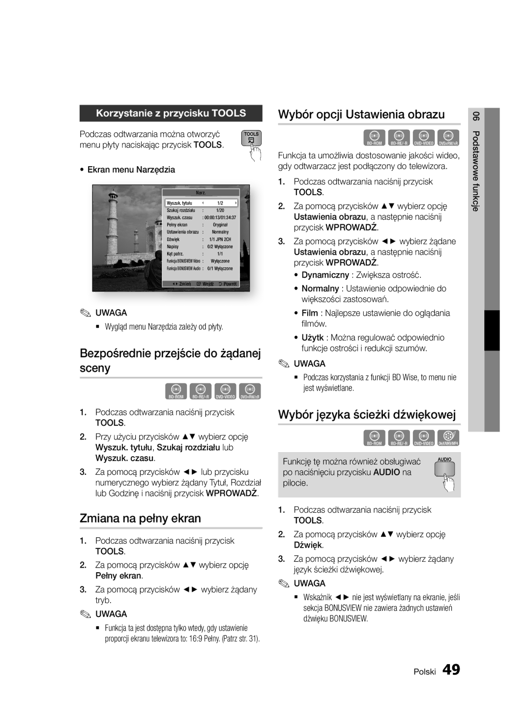 Samsung BD-D5500/EN manual Bezpośrednie przejście do żądanej sceny, Zmiana na pełny ekran, Wybór opcji Ustawienia obrazu 