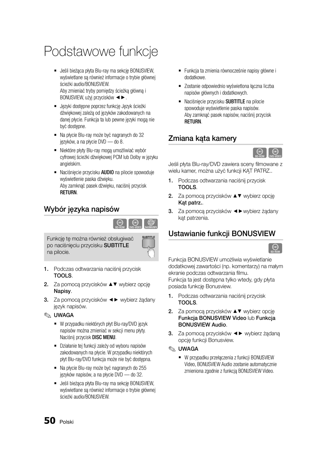 Samsung BD-D5500/ZF, BD-D5500/ZA manual Wybór języka napisów, Zmiana kąta kamery, Ustawianie funkcji Bonusview, Return 