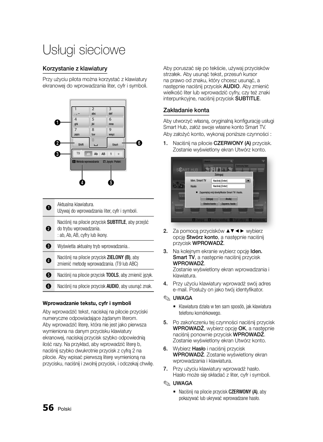 Samsung BD-D5500/XE, BD-D5500/ZA, BD-D5500/XN, BD-D5500/EN, BD-D5500/ZF manual Korzystanie z klawiatury, Zakładanie konta 