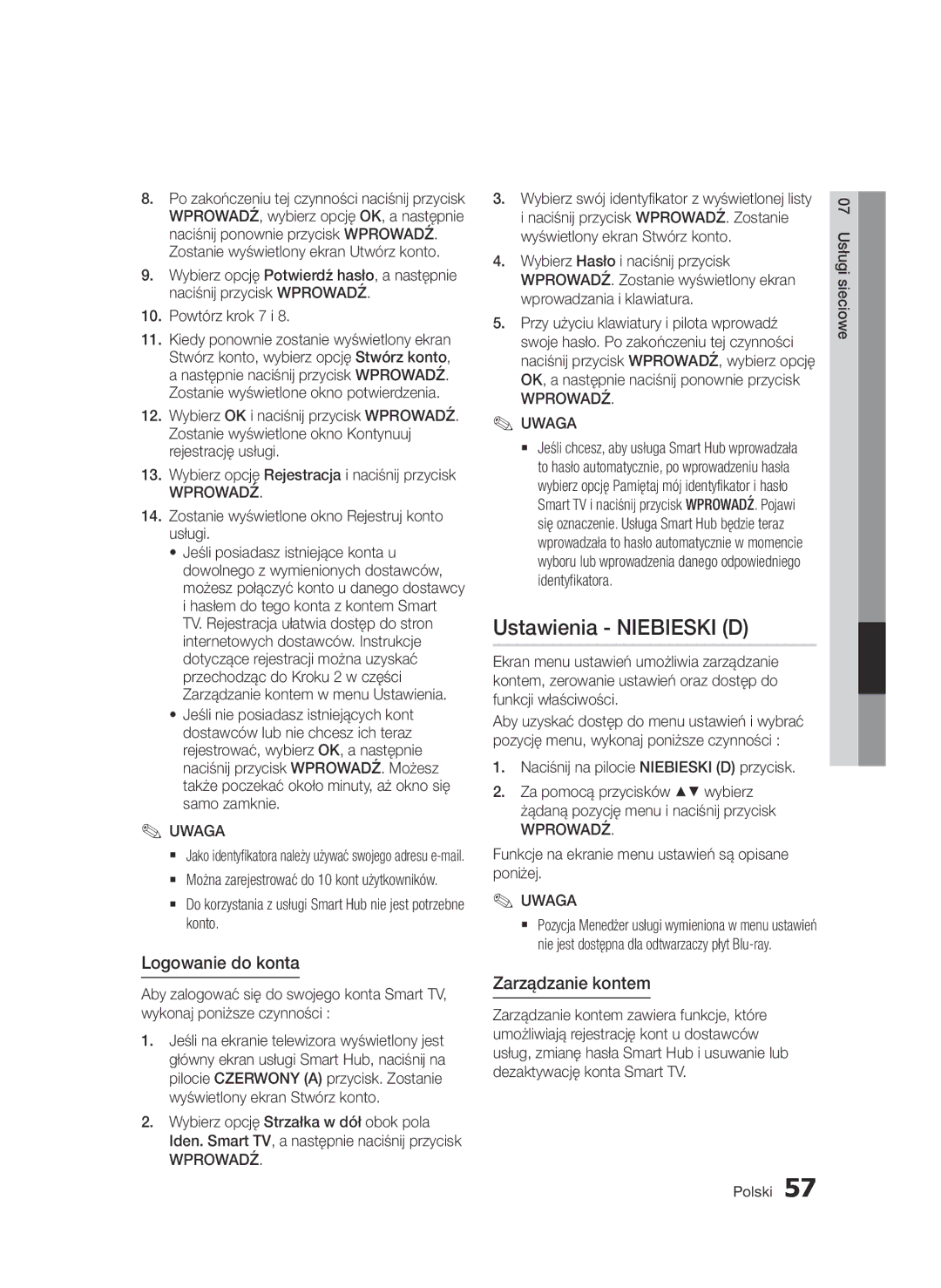 Samsung BD-D5500/ZA, BD-D5500/XN manual Ustawienia Niebieski D, Logowanie do konta, Zarządzanie kontem, Wprowadź Uwaga 