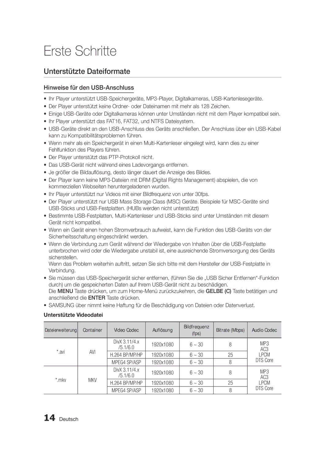 Samsung BD-D5500/XE Unterstützte Dateiformate, Hinweise für den USB-Anschluss, Unterstützte Videodatei, Lpcm, Bitrate Mbps 