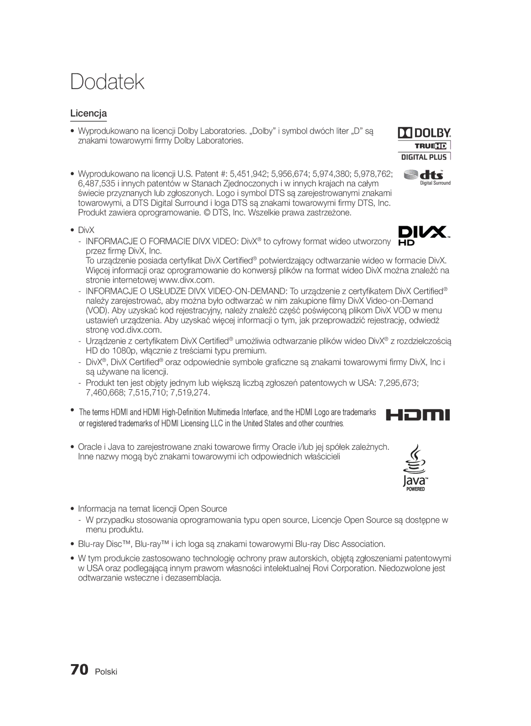 Samsung BD-D5500/ZF, BD-D5500/ZA, BD-D5500/XN, BD-D5500/EN, BD-D5500/XE manual Licencja 