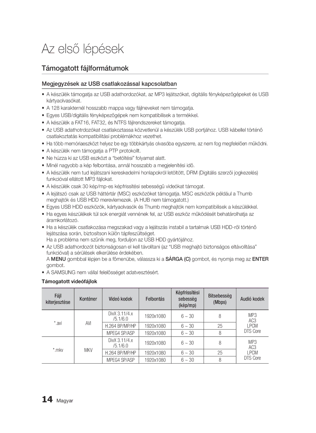 Samsung BD-D5500/XE Támogatott fájlformátumok, Megjegyzések az USB csatlakozással kapcsolatban, Támogatott videófájlok 