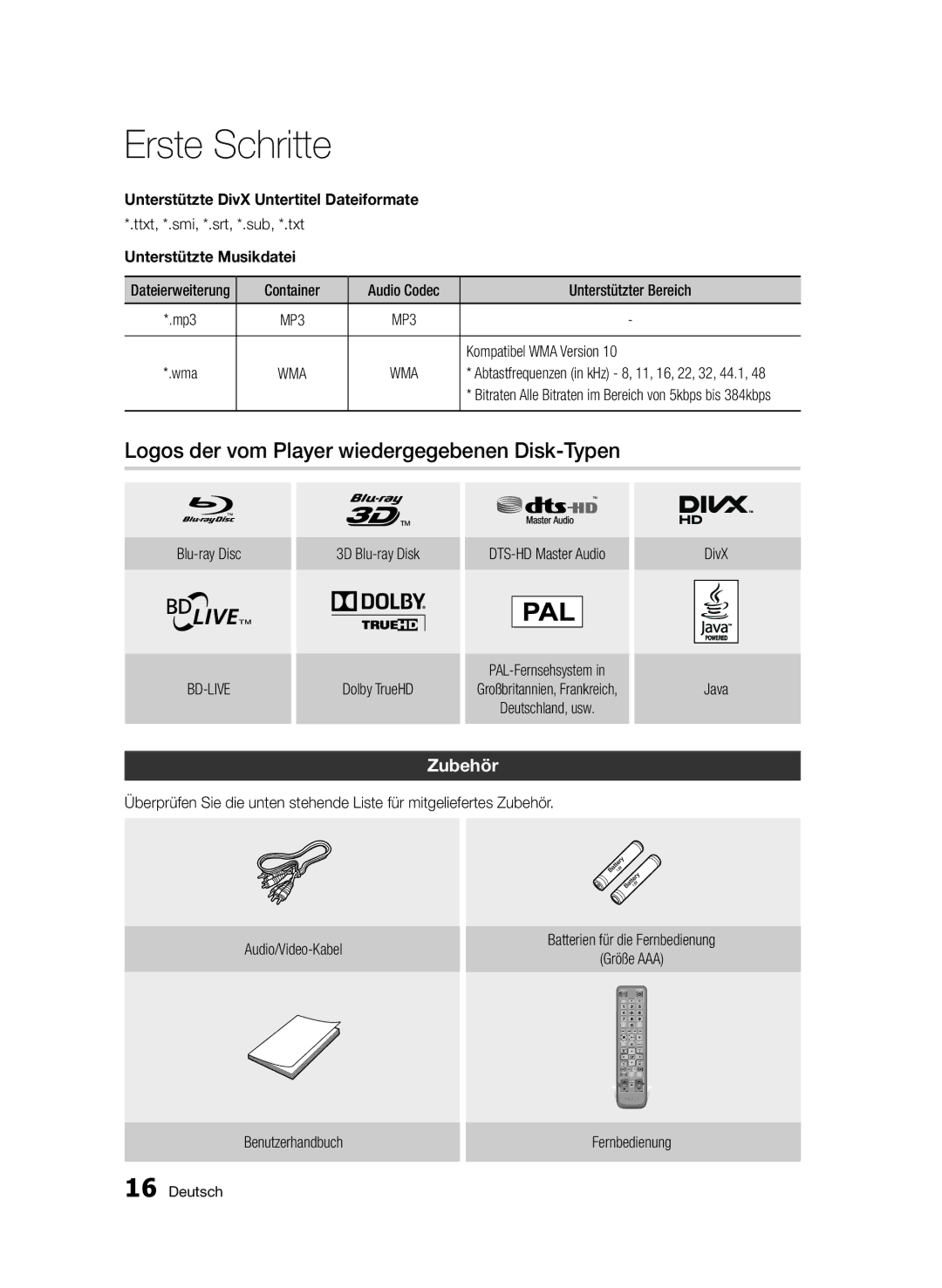 Samsung BD-D5500/XN Logos der vom Player wiedergegebenen Disk-Typen, Zubehör, Unterstützte DivX Untertitel Dateiformate 