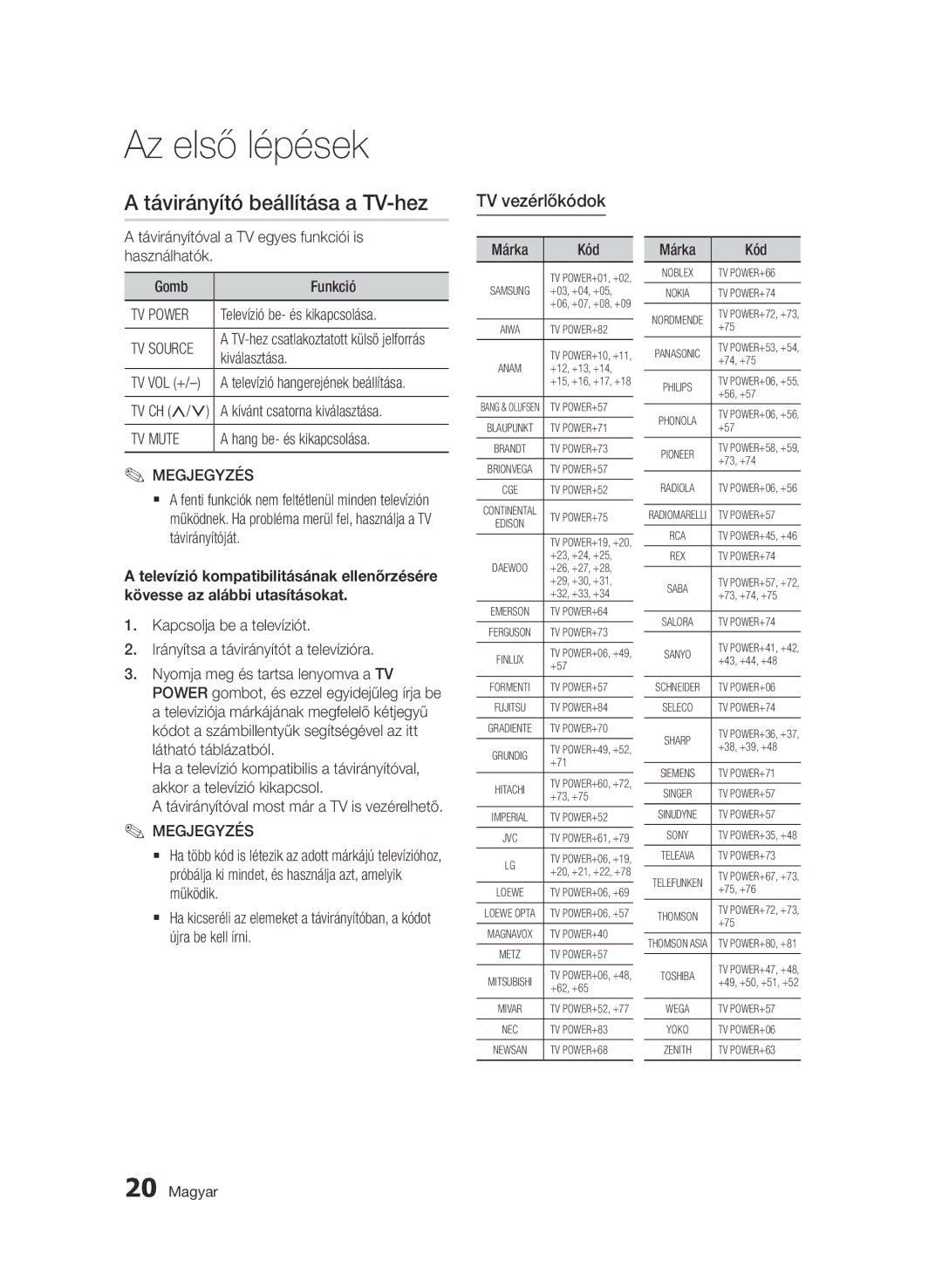 Samsung BD-D5500/ZA, BD-D5500/XN, BD-D5500/EN, BD-D5500/ZF, BD-D5500/XE manual Távirányító beállítása a TV-hez, TV vezérlőkódok 