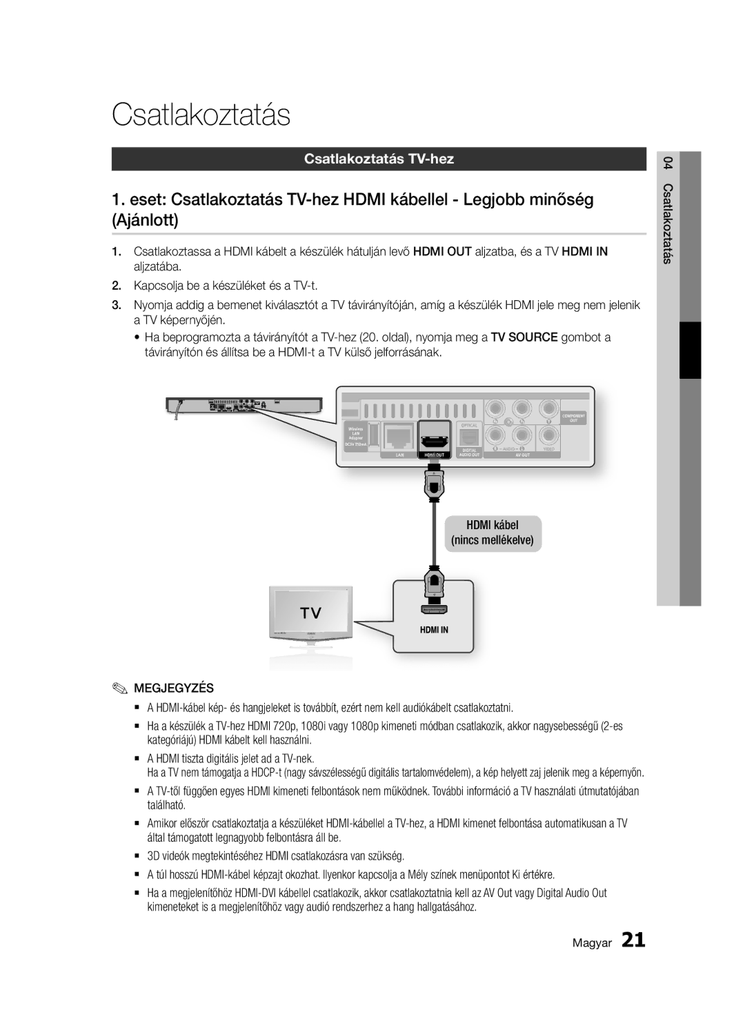 Samsung BD-D5500/XN, BD-D5500/ZA, BD-D5500/EN, BD-D5500/ZF, BD-D5500/XE manual Csatlakoztatás TV-hez, Csatlakoztatás Magyar 