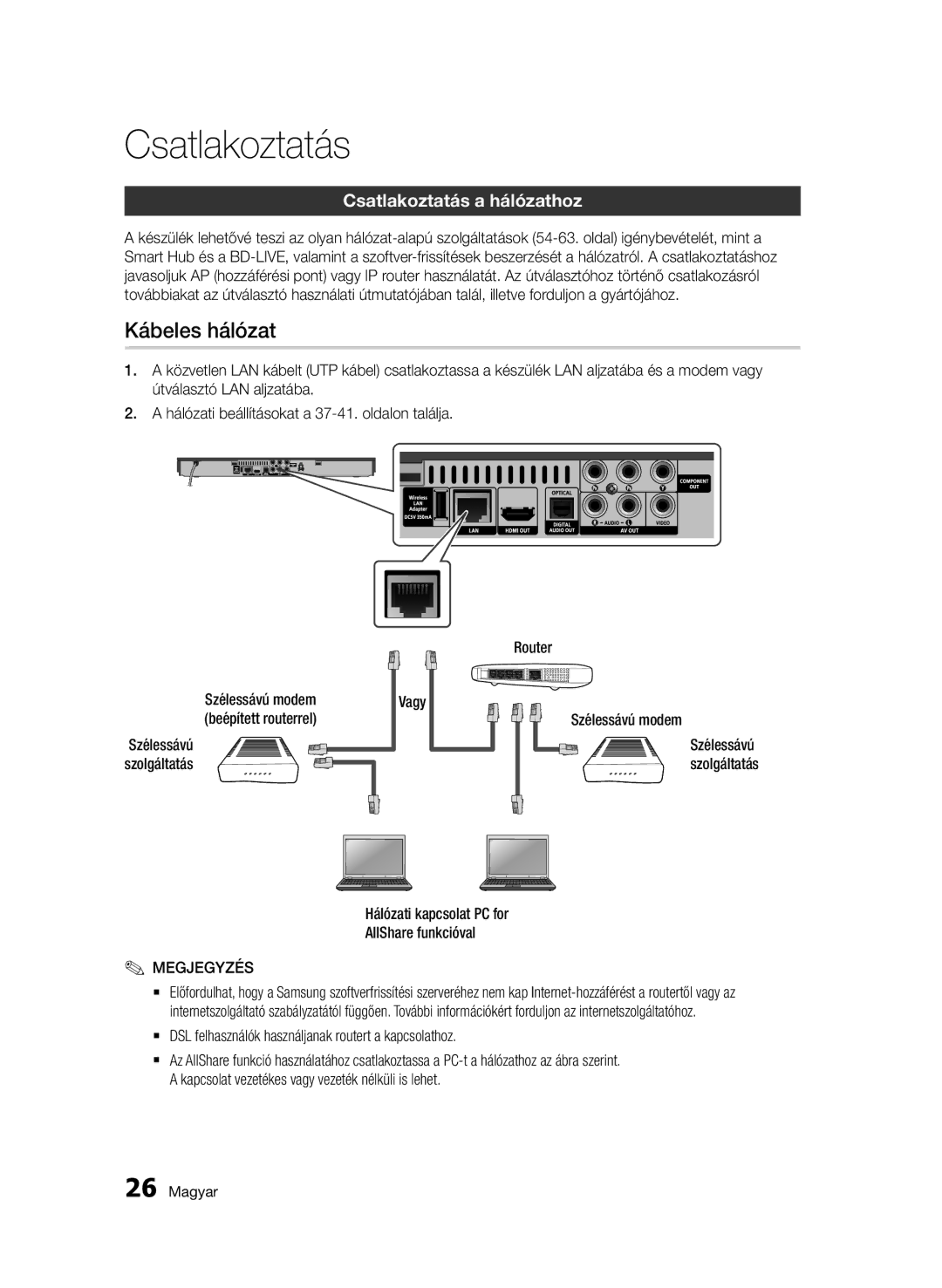 Samsung BD-D5500/XN manual Kábeles hálózat, Csatlakoztatás a hálózathoz, Hálózati kapcsolat PC for AllShare funkcióval 