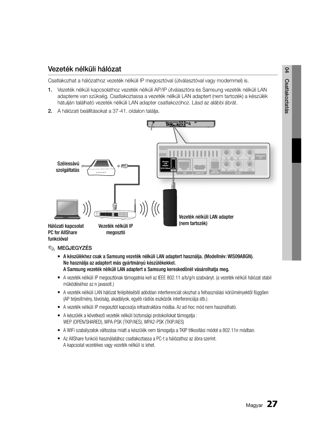 Samsung BD-D5500/EN, BD-D5500/ZA, BD-D5500/XN, BD-D5500/ZF, BD-D5500/XE manual Vezeték nélküli hálózat 