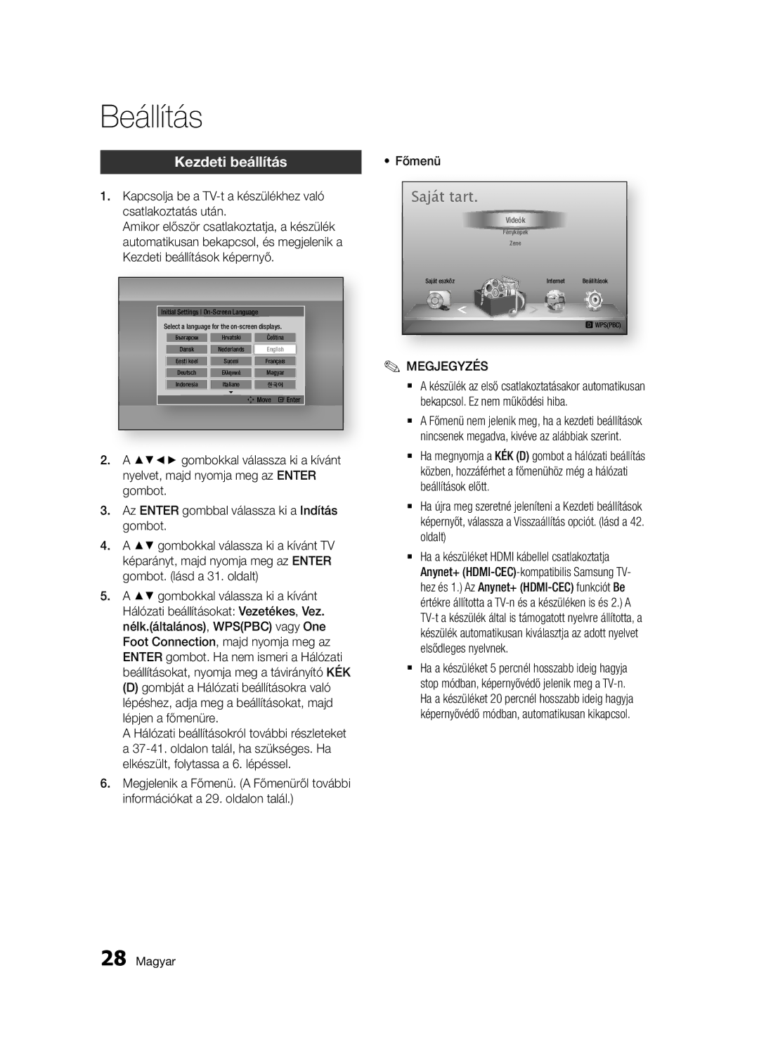 Samsung BD-D5500/ZF manual Beállítás, Kezdeti beállítás, Kapcsolja be a TV-t a készülékhez való csatlakoztatás után, Főmenü 