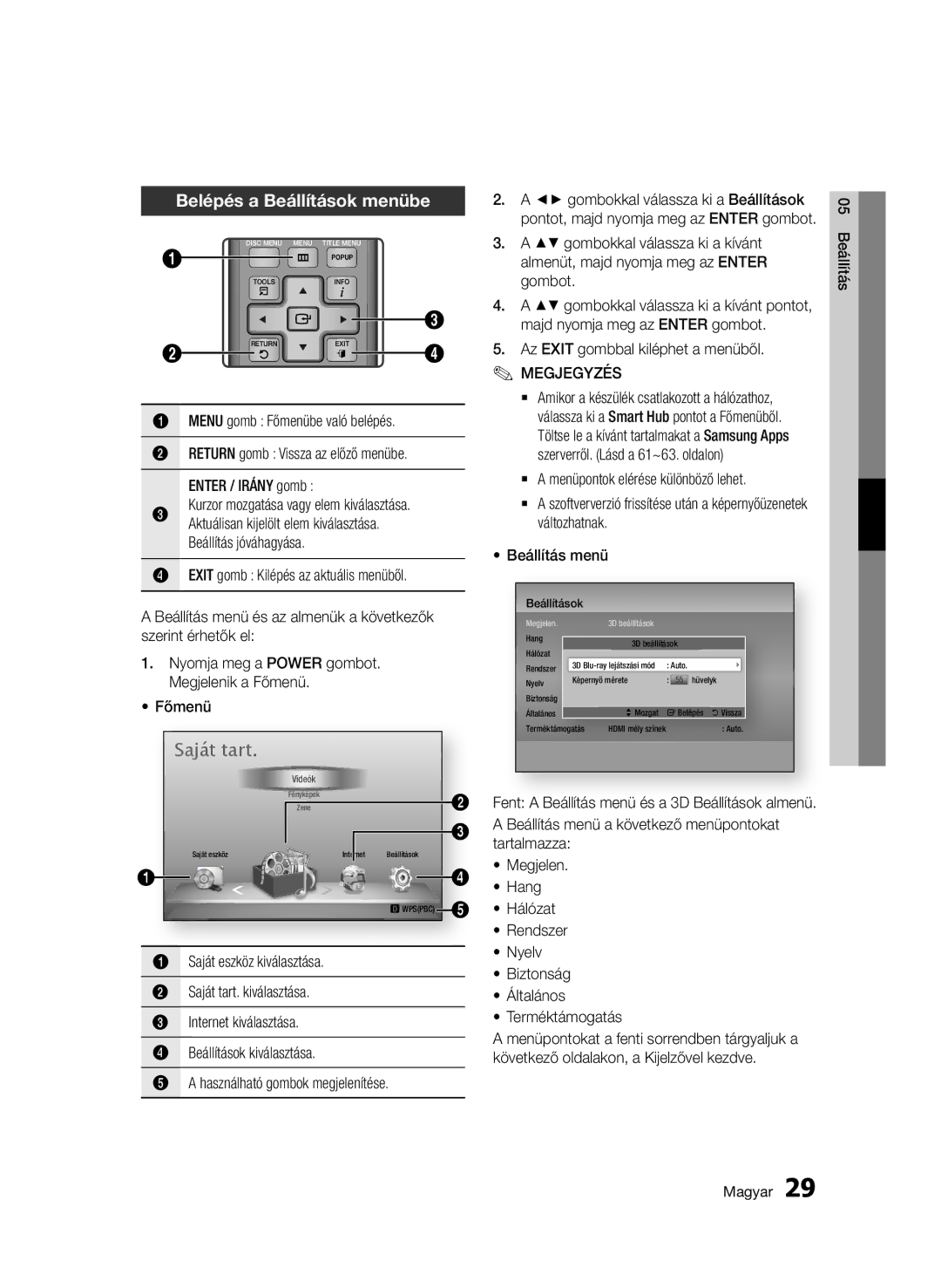 Samsung BD-D5500/XE, BD-D5500/ZA, BD-D5500/XN, BD-D5500/EN, BD-D5500/ZF manual Belépés a Beállítások menübe 