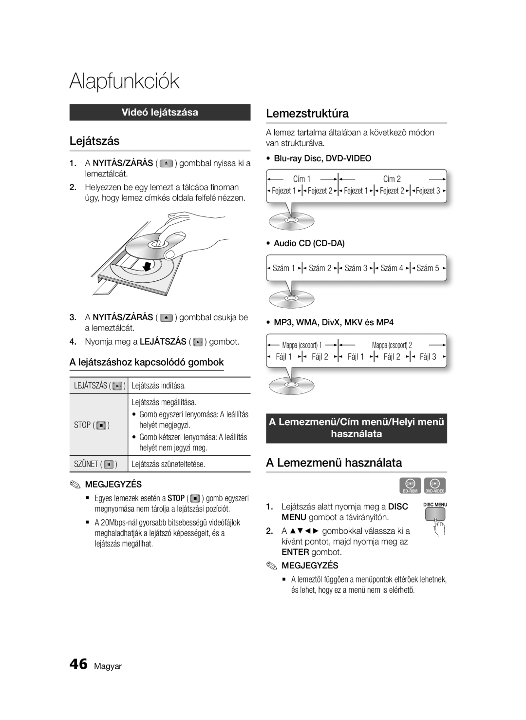 Samsung BD-D5500/XN, BD-D5500/ZA, BD-D5500/EN, BD-D5500/ZF Alapfunkciók, Lejátszás, Lemezstruktúra, Lemezmenü használata 