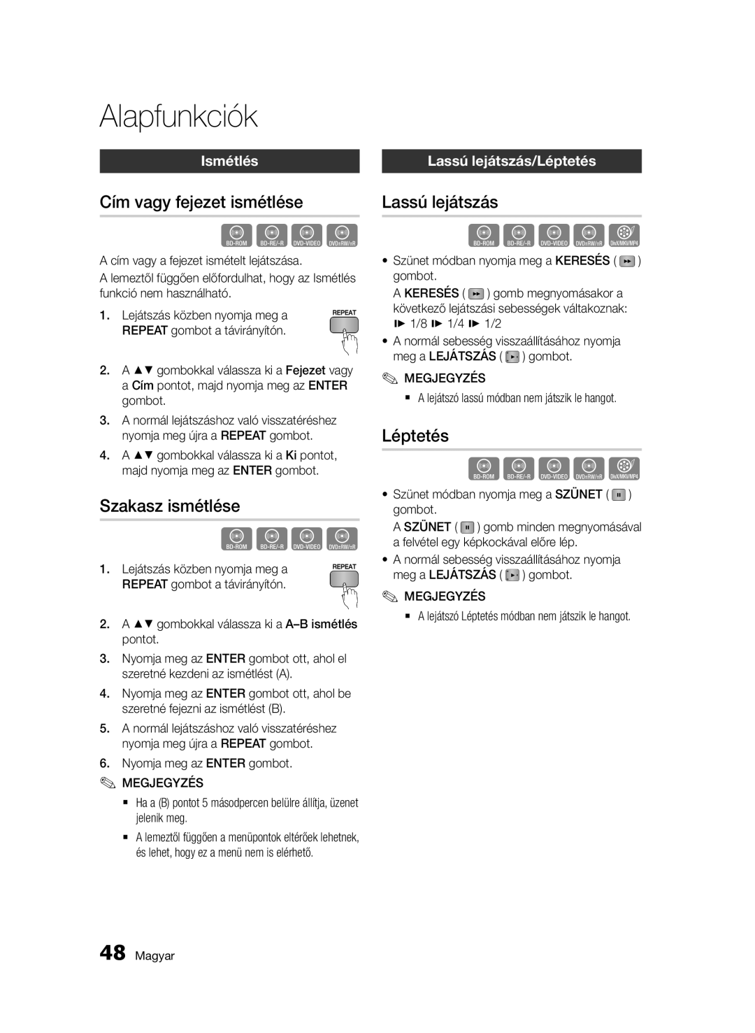 Samsung BD-D5500/ZF, BD-D5500/ZA, BD-D5500/XN manual Cím vagy fejezet ismétlése, Szakasz ismétlése, Lassú lejátszás, Léptetés 