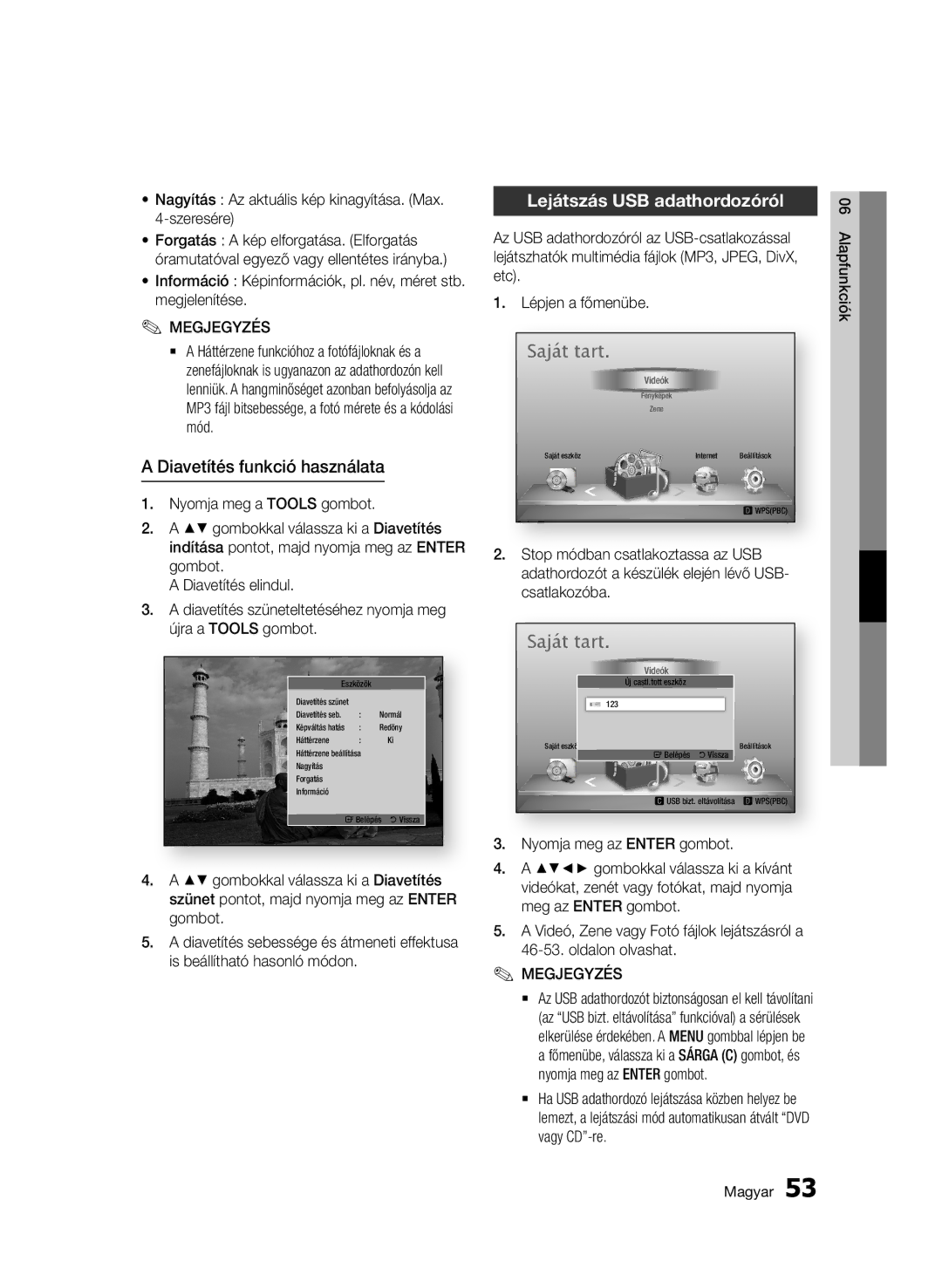 Samsung BD-D5500/ZF, BD-D5500/ZA, BD-D5500/XN, BD-D5500/EN manual Diavetítés funkció használata, Lejátszás USB adathordozóról 