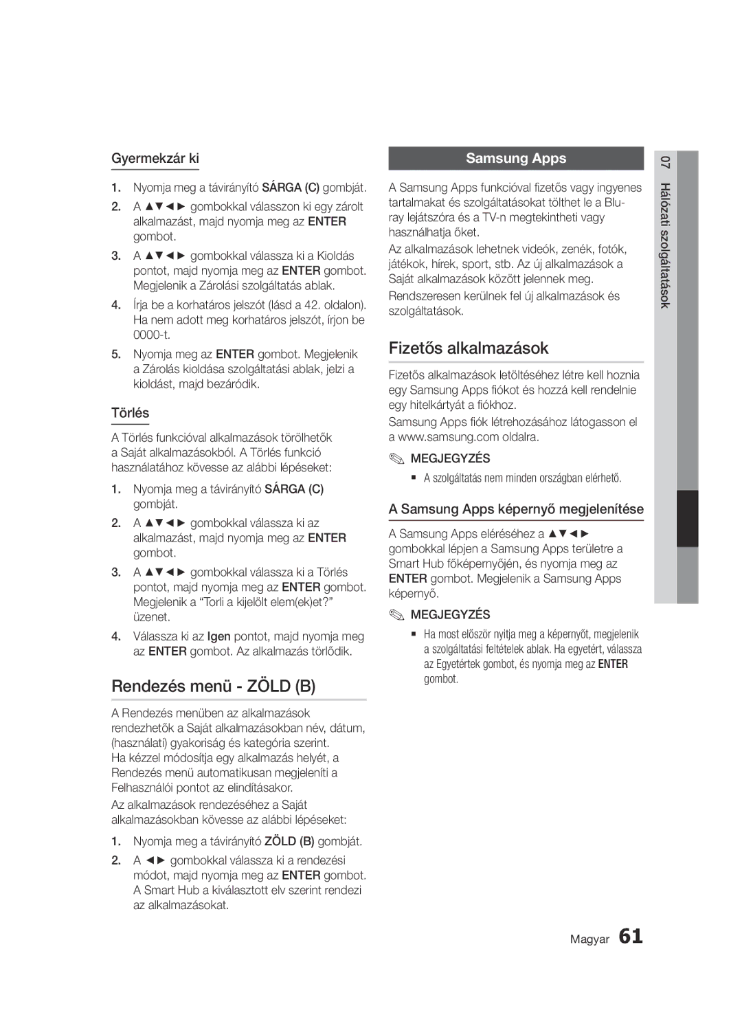 Samsung BD-D5500/XN Rendezés menü Zöld B, Fizetős alkalmazások, Gyermekzár ki, Törlés, Samsung Apps képernyő megjelenítése 