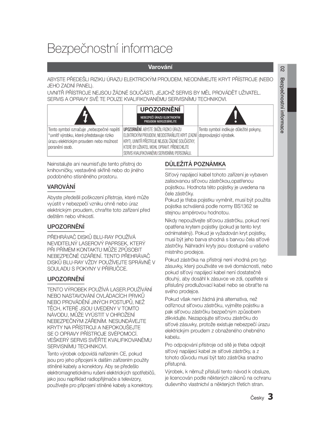 Samsung BD-D5500/ZA, BD-D5500/XN, BD-D5500/EN manual Bezpečnostní informace, Varování, Doprovázející výrobek, Poranění osob 