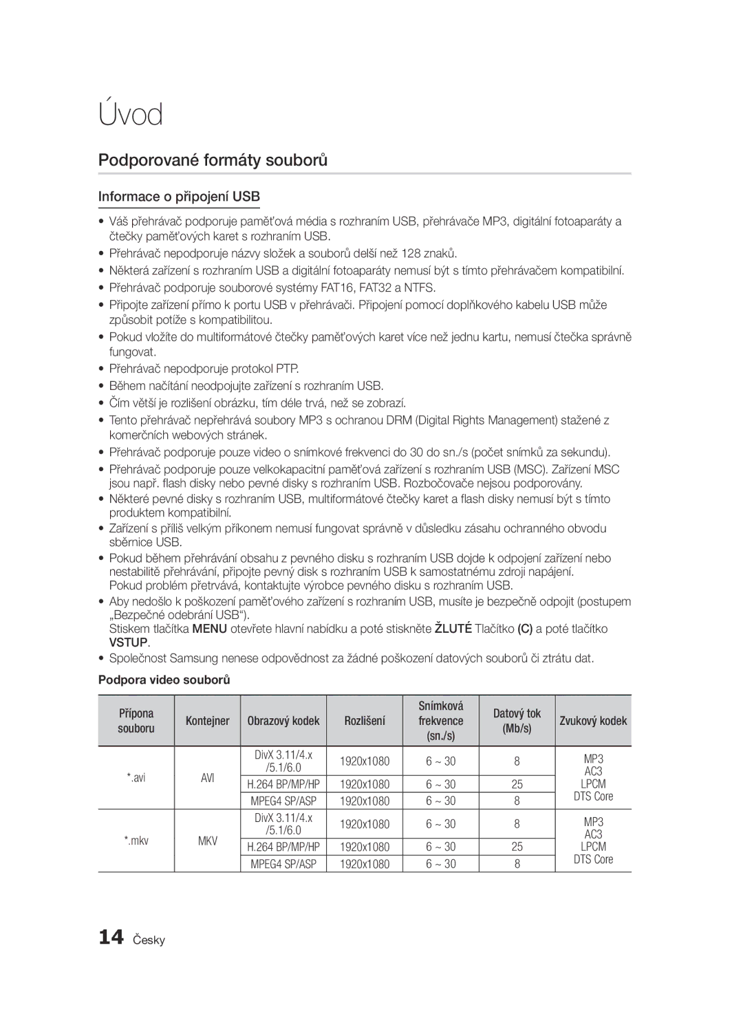 Samsung BD-D5500/XN manual Podporované formáty souborů, Informace o připojení USB, Vstup, Podpora video souborů, 14 Česky 