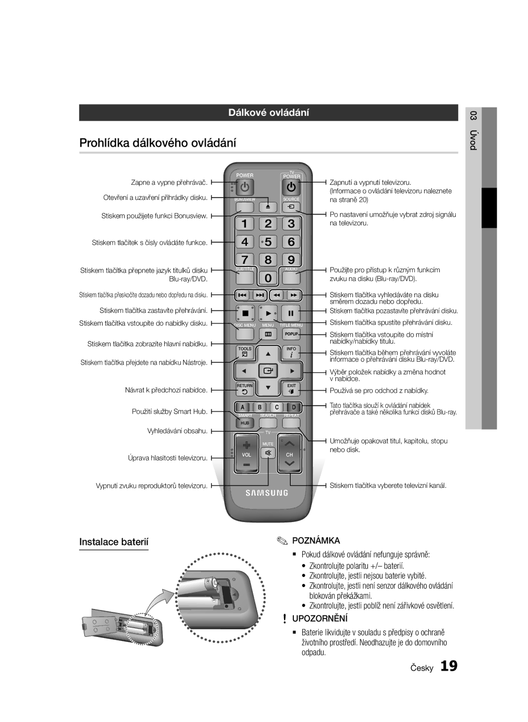 Samsung BD-D5500/XN, BD-D5500/ZA, BD-D5500/EN, BD-D5500/ZF Prohlídka dálkového ovládání, Dálkové ovládání, Instalace baterií 