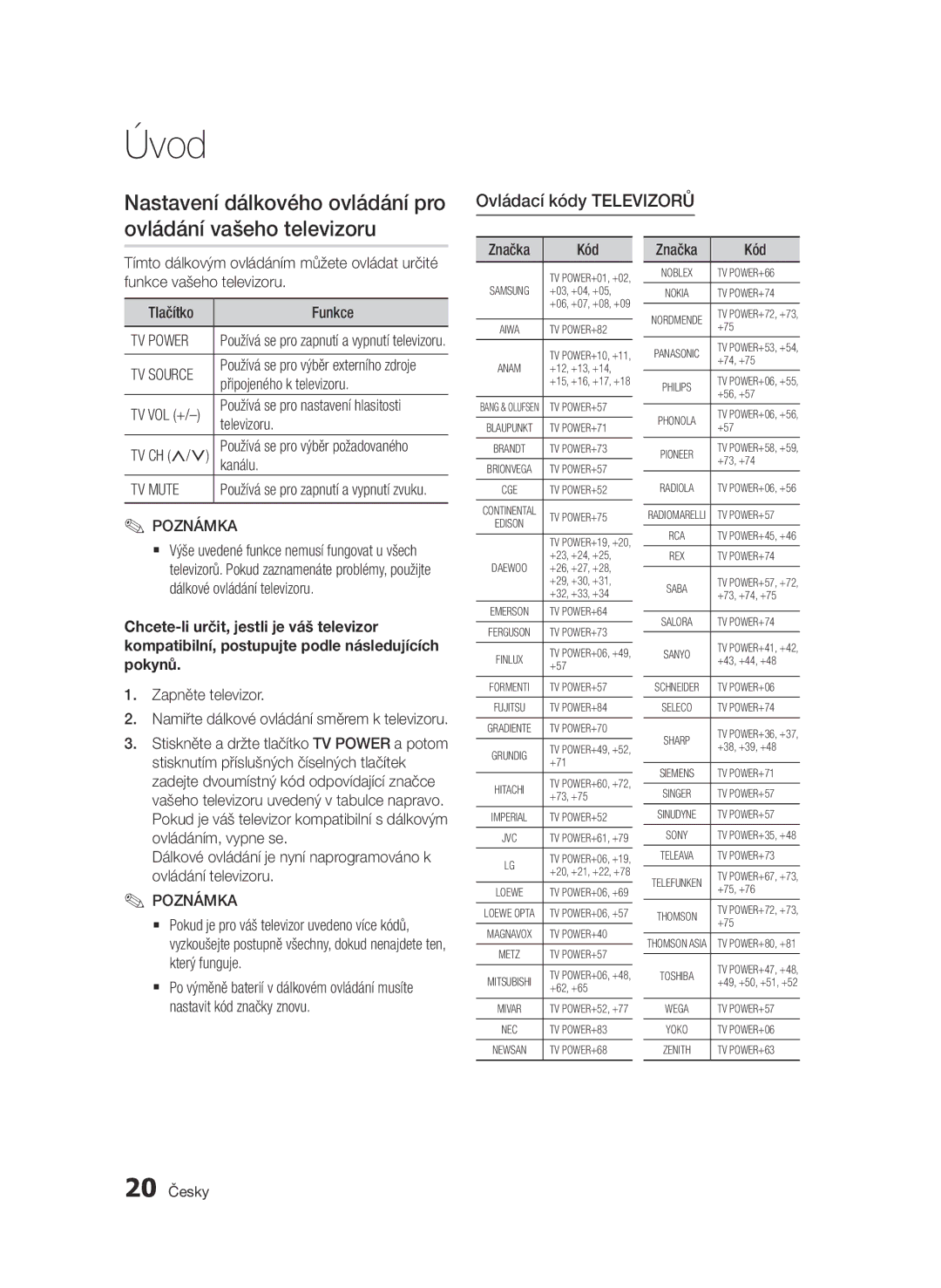 Samsung BD-D5500/EN manual Nastavení dálkového ovládání pro ovládání vašeho televizoru, Ovládací kódy televizorů, Kanálu 