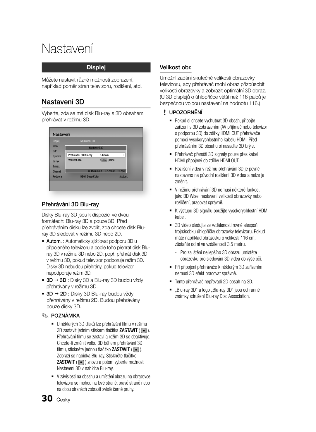 Samsung BD-D5500/EN, BD-D5500/ZA, BD-D5500/XN, BD-D5500/ZF manual Nastavení 3D, Displej, Přehrávání 3D Blu-ray, Velikost obr 