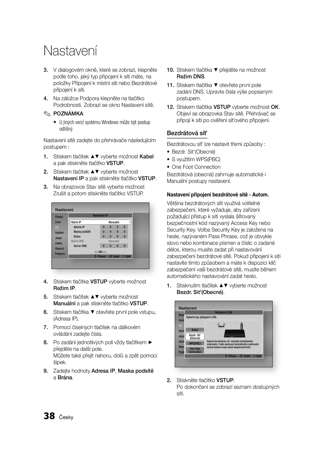 Samsung BD-D5500/ZA, BD-D5500/XN, BD-D5500/EN Bezdrátová síť, Stiskem tlačítka Vstup vyberte možnost Režim IP, 38 Česky 