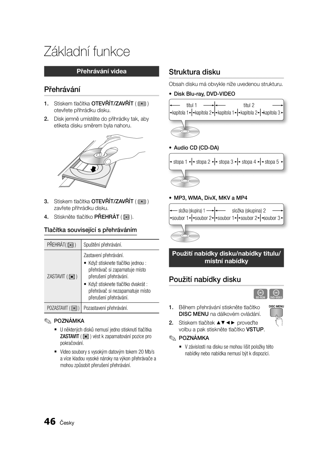 Samsung BD-D5500/ZF, BD-D5500/ZA, BD-D5500/XN manual Základní funkce, Přehrávání, Struktura disku, Použití nabídky disku 