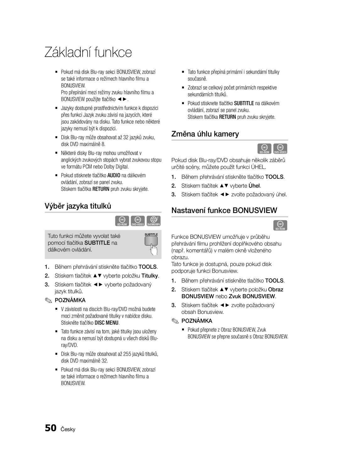 Samsung BD-D5500/EN, BD-D5500/ZA, BD-D5500/XN manual Výběr jazyka titulků, Změna úhlu kamery, Nastavení funkce Bonusview 