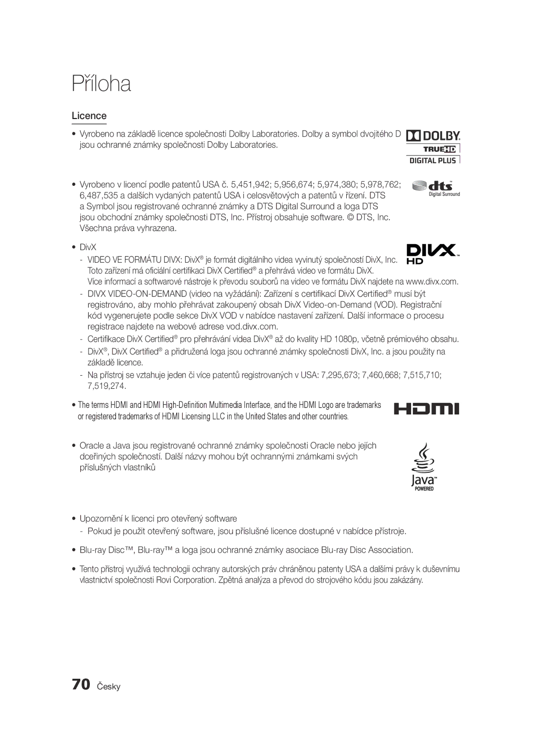 Samsung BD-D5500/EN, BD-D5500/ZA, BD-D5500/XN, BD-D5500/ZF, BD-D5500/XE manual Licence, 70 Česky 