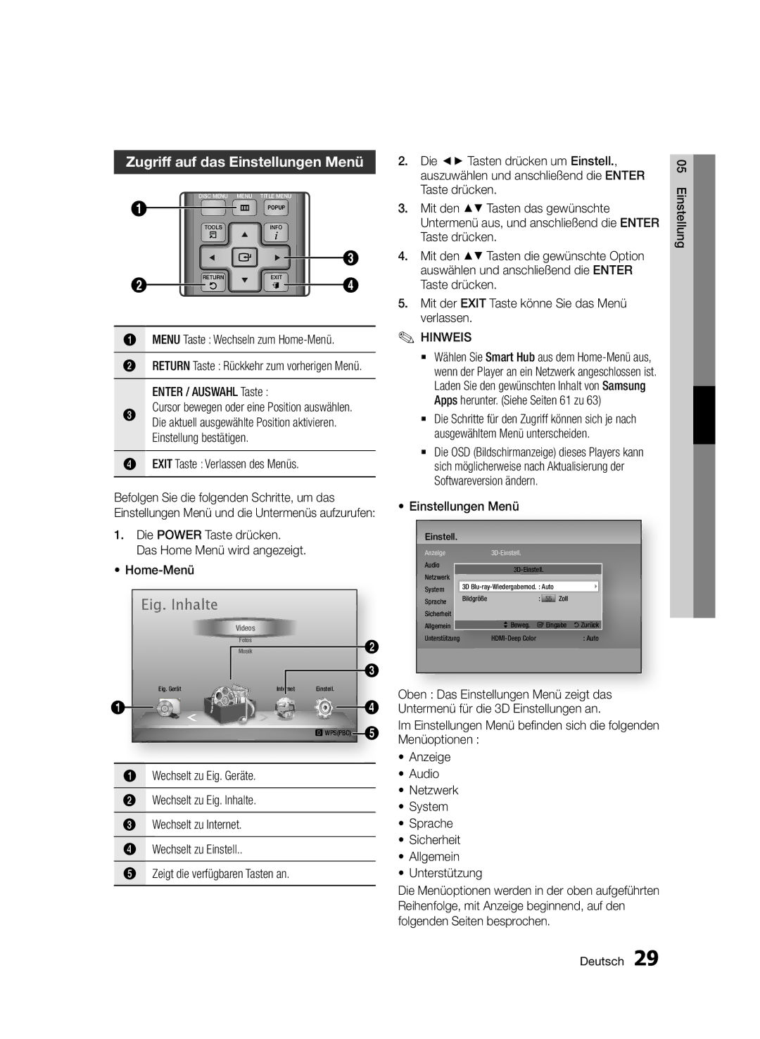 Samsung BD-D5500/XE manual Zugriff auf das Einstellungen Menü, Menu Taste Wechseln zum Home-Menü, Einstellung Deutsch 