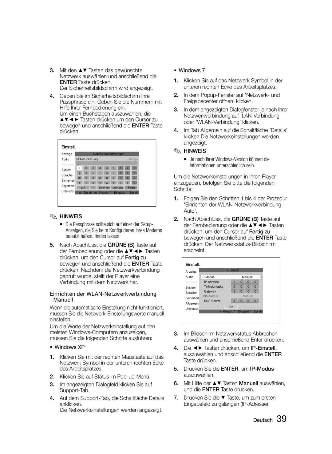 Samsung BD-D5500/XE, BD-D5500/ZA, BD-D5500/XN, BD-D5500/EN, BD-D5500/ZF manual Einrichten der WLAN-Netzwerkverbindung Manuell 