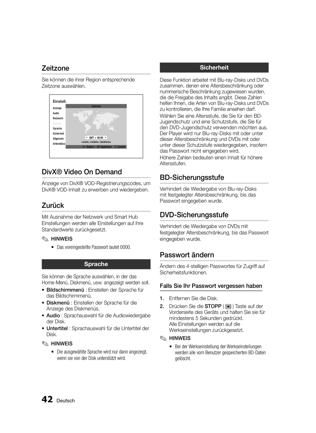 Samsung BD-D5500/EN manual Zeitzone, DivX Video On Demand, Zurück, BD-Sicherungsstufe, DVD-Sicherungsstufe, Passwort ändern 