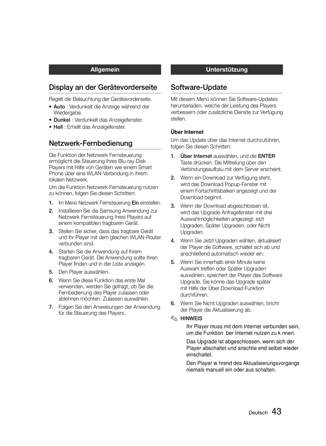 Samsung BD-D5500/ZF Display an der Gerätevorderseite, Netzwerk-Fernbedienung, Software-Update, Allgemein, Unterstützung 