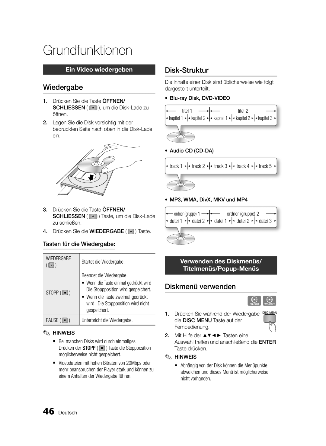 Samsung BD-D5500/XN, BD-D5500/ZA, BD-D5500/EN, BD-D5500/ZF Grundfunktionen, Wiedergabe, Disk-Struktur, Diskmenü verwenden 