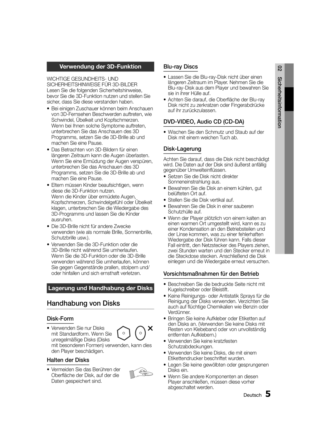 Samsung BD-D5500/ZA, BD-D5500/XN manual Handhabung von Disks, Verwendung der 3D-Funktion, Lagerung und Handhabung der Disks 