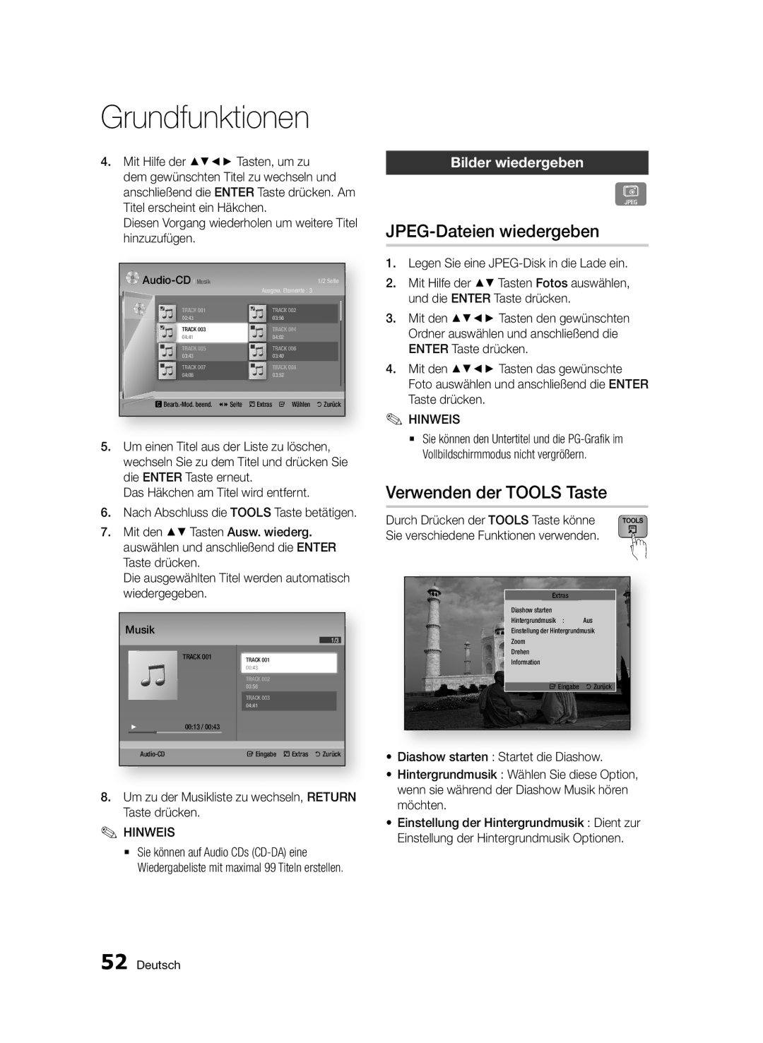 Samsung BD-D5500/EN, BD-D5500/ZA, BD-D5500/XN manual JPEG-Dateien wiedergeben, Verwenden der Tools Taste, Bilder wiedergeben 