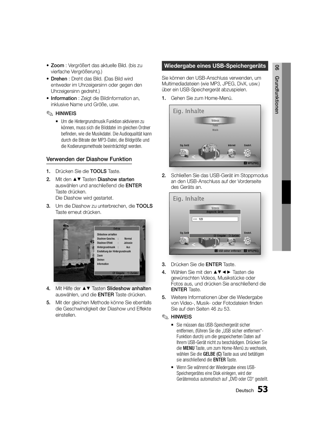 Samsung BD-D5500/ZF, BD-D5500/ZA, BD-D5500/XN manual Verwenden der Diashow Funktion, Wiedergabe eines USB-Speichergeräts 