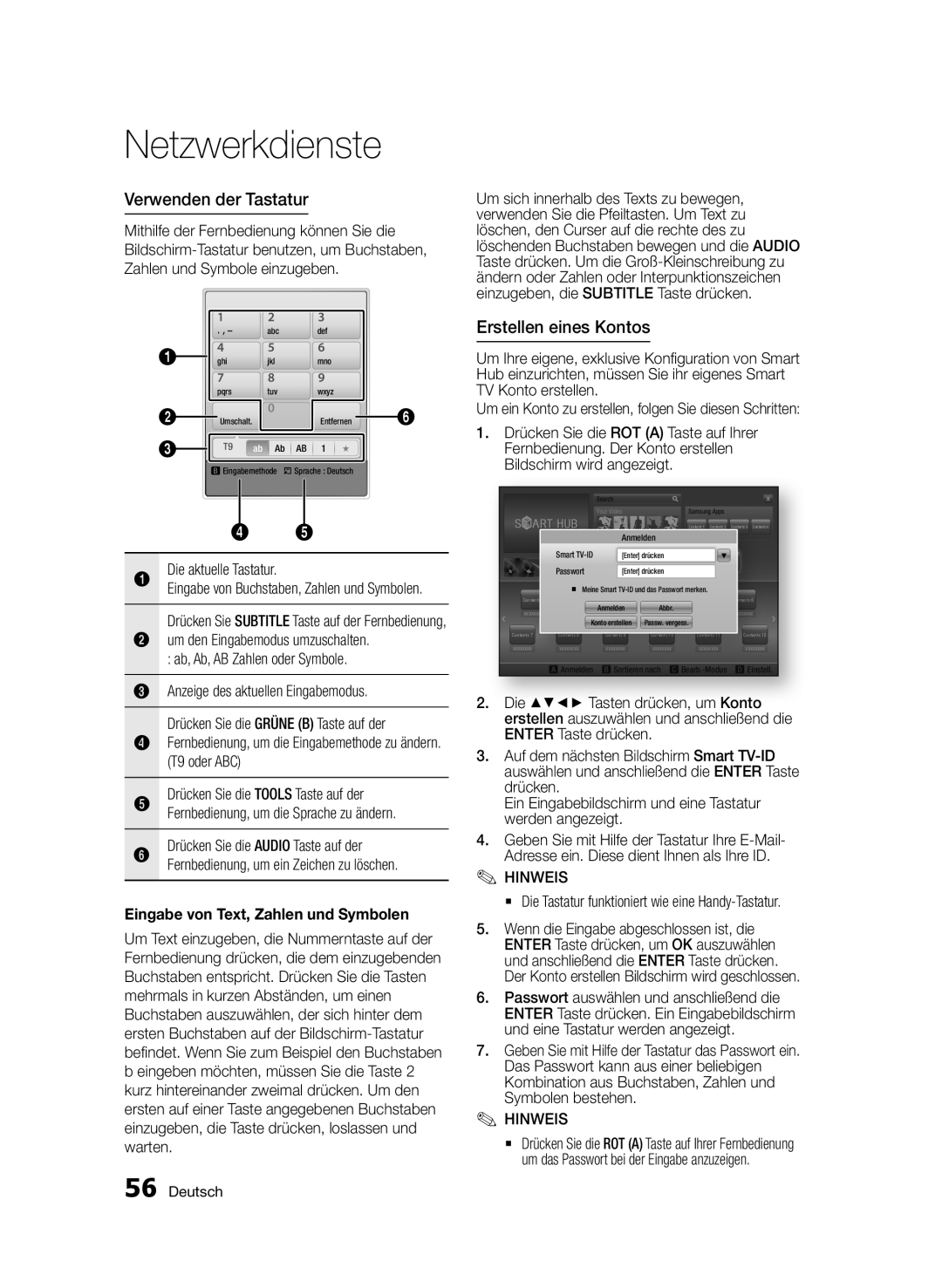 Samsung BD-D5500/XN, BD-D5500/ZA, BD-D5500/EN, BD-D5500/ZF, BD-D5500/XE manual Verwenden der Tastatur, Erstellen eines Kontos 