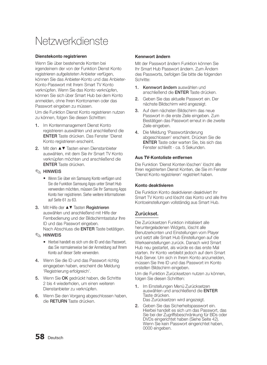 Samsung BD-D5500/ZF Zurückset, Dienstekonto registrieren, Kennwort ändern, Aus TV-Kontoliste entfernen, Konto deaktivieren 