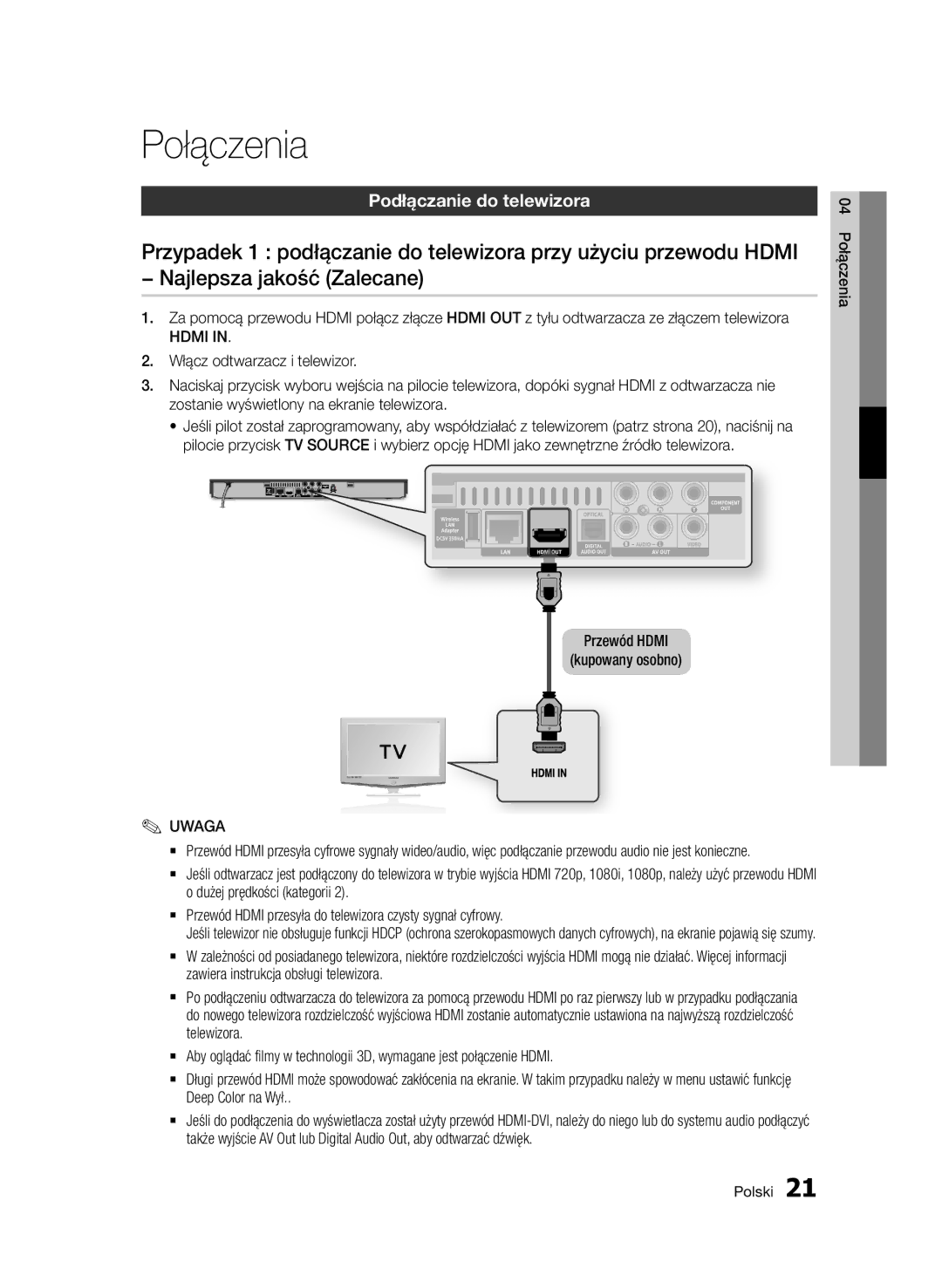 Samsung BD-D5500/XE, BD-D5500/ZA manual Podłączanie do telewizora, Przewód Hdmi Kupowany osobno, 04 Połączenia Polski 