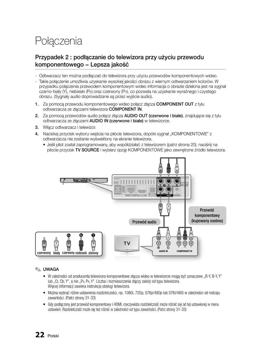 Samsung BD-D5500/ZA, BD-D5500/XN, BD-D5500/EN, BD-D5500/ZF manual Przewód audio, Czerwony biały czerwony niebieski zielony 