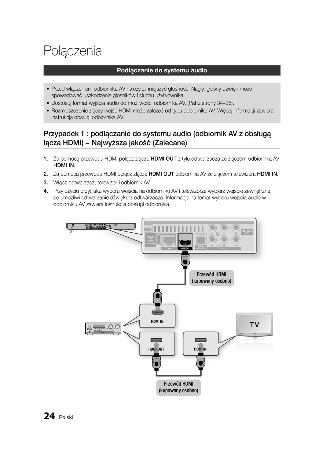 Samsung BD-D5500/EN, BD-D5500/ZA, BD-D5500/XN, BD-D5500/ZF, BD-D5500/XE manual Podłączanie do systemu audio, Hdmi 